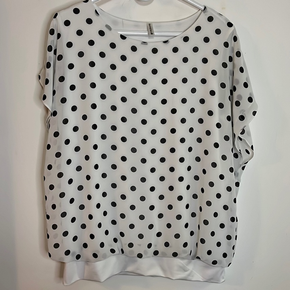 Neineiwu Lined Sheer Polka Dot Blouse White/Black Flutter Sleeve Top Size XL